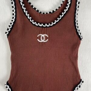Brown black white 22 knit tank top boutique stretch braided trim one size women